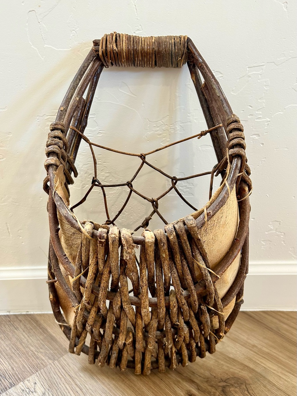 Vtg Palm Leaf & Woven Twig Hanging Wall Basket 17"